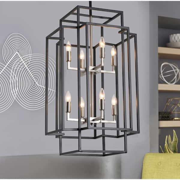 8-Light Black Industrial Candle Style Rectangle Chandelier Kitchen Island Hanging Lights