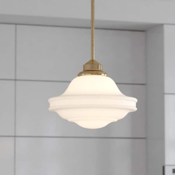 Huntley 1-Light Natural Brass Farmhouse Schoolhouse Pendant White Glass