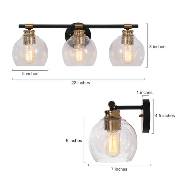 22 in. 3-Light Modern Brass Bathroom Vanity Light, Globe Seeded Glass Rustic Black Vanity Light, Powder Room Wall Sconce