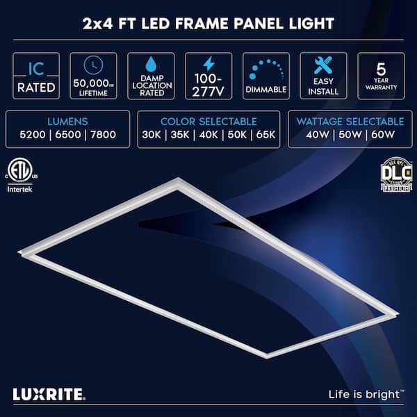2 ft. x 4 ft. Frame LED Panel Lights, 5CCT, 5200/6500/7800 Lumens, 40W/50W/60 Watt, Dimmable, Damp Rated, ETL 4 Pack