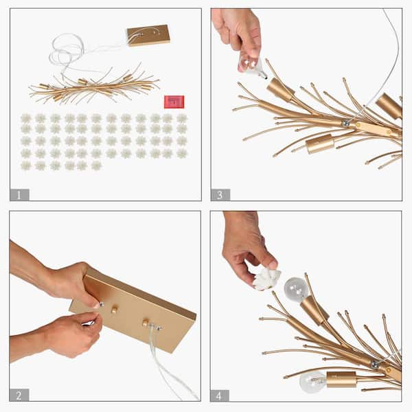 Modern Gold Bedroom Kitchen Chandelier Light, 32 in. 6-Light Linear Dining Room Hanging Light with White Ceramic Flowers