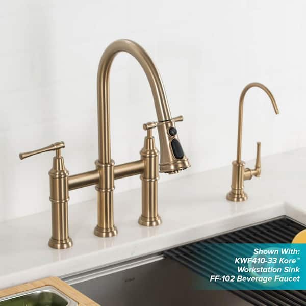 Allyn Double Handle Transitional Bridge Kitchen Faucet with Pull-Down Sprayhead in Brushed Gold