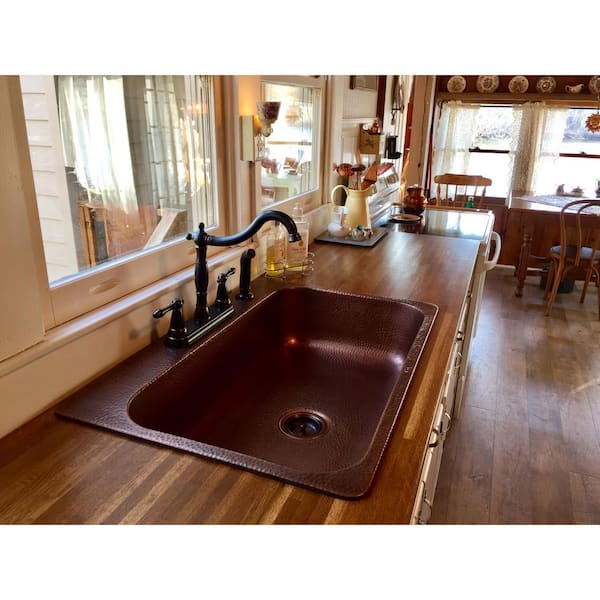 Angelico 33 in. 3-Hole Drop-In Single Bowl 17 Gauge Antique Copper Kitchen Sink