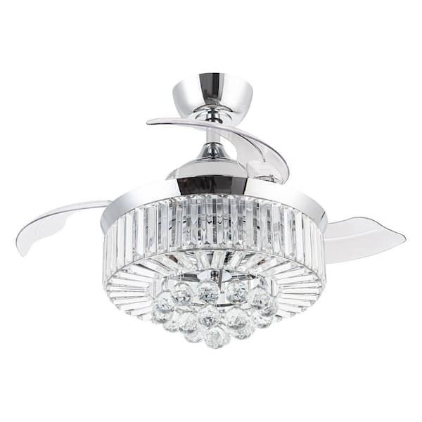 Broxburne 36 in. Modern Chrome Retractable 3-Blade Crystal Ceiling Fan with Light Kit and Remote Control
