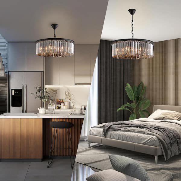 22 in. 6-Light Black Farmhouse Pendant Light Fixtures Crystal Drum Chandelier Dining Room Pendant Lighting