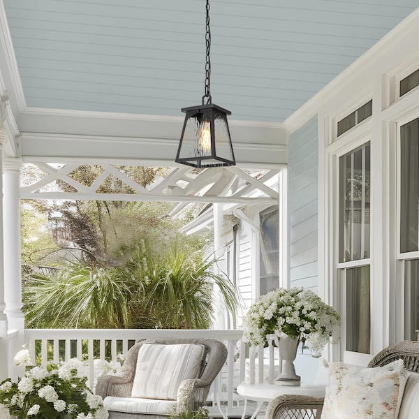 11 in. 1-Light Rusty Bronze Geometric Outdoor Pendant Light with Arched Window Water Wave Glass and No Bulbs Included