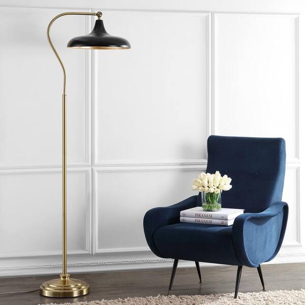 Stefan 68 in. Brass/Gold Arc Floor Lamp with Black/Gold Accent Shade