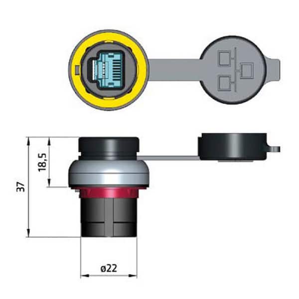 Waterproof RJ45 Connector 22 mm Mount Rear Fastening, Female to Female, Black Bezel
