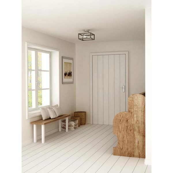 Boswell Quarter 12-1/2 in. 2-Light Brushed Nickel Farmhouse Semi-Flush Mount with Painted Weathered Gray Wood Accents