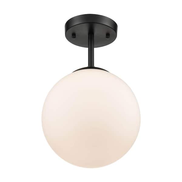 Zeno 1-Light Black Globe Ceiling Light with White Glass Shade