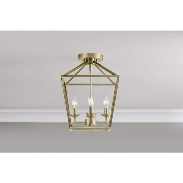 Weyburn 16.5 in. 4-Light Brushed Brass Farmhouse Semi-Flush Mount Ceiling Light Fixture with Caged Metal Shade