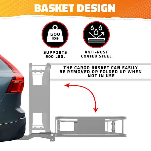 500 lb. Capacity Gray Hitch Mount Cargo Carrier Basket with 16 cu. ft. Cargo Bag, Net, Straps, Folding Shank, 2in. Raise