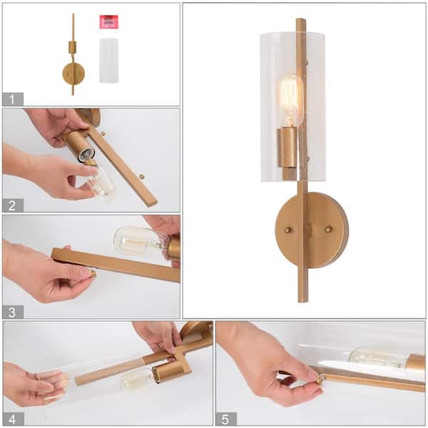 17 in H. Modern Cylinder Powder Room Wall Sconce 1-Light Large Brass Gold Bathroom Single Light with Seeded Glass Shade
