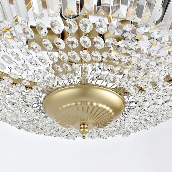 5-Light 19.5 in. Crystal Ceiling Light Fixture, Brass Semi Flush Mount Chandelier