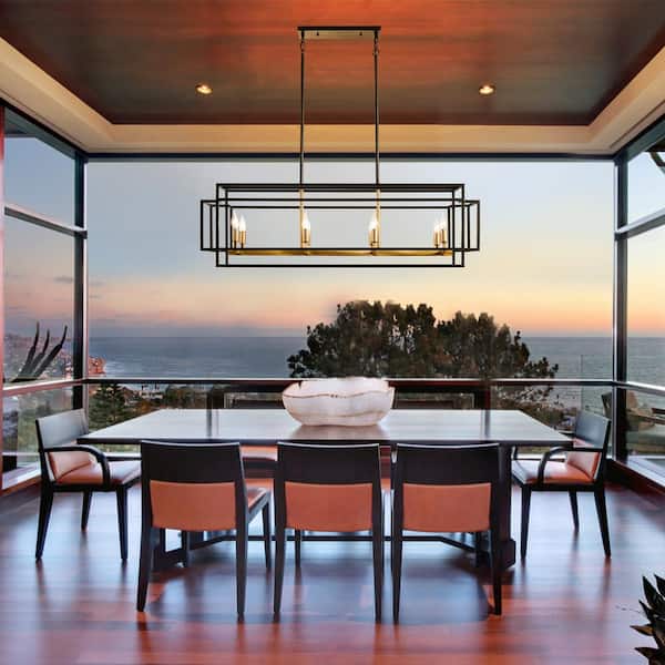 8-Light Kitchen Island Linear Chandelier Black and Gold Pendant Light Fixture for Dining Room, Living Kitchen Entryway