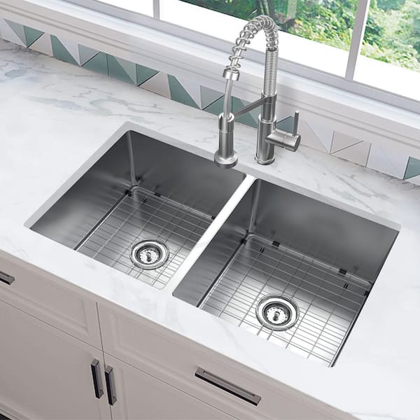 Tight Radius Undermount 18G Stainless Steel 36 in. 50/50 Double Bowl Kitchen Sink with Accessories