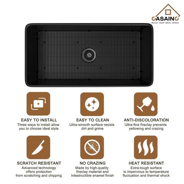 Fireclay 36 in. Single Bowl Farmhouse Apron Kitchen Sink with Grid and Strainers in Matte Black With cUPC Certified