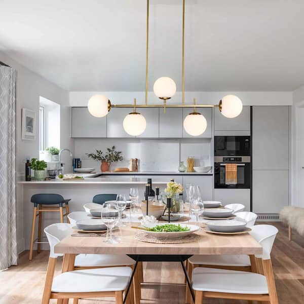 Deerfield 5-Light Brass Kitchen Island Chandelier with Milk Globe Glass Shade