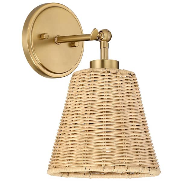 Adella 1-Light Brass Boho Natural Rattan Hardwired Wall Sconce with Adjustable Swivel Swing Arm