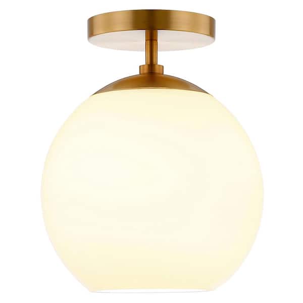 Bartlett 9 in. Brass Semi-Flush Mount with White Milk Glass Shade