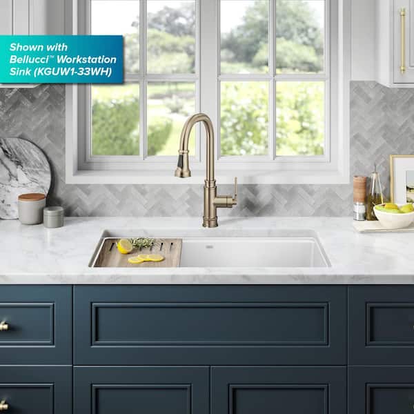 Allyn Transitional Industrial Pull-Down Single Handle Kitchen Faucet in Spot-Free Antique Champagne Bronze