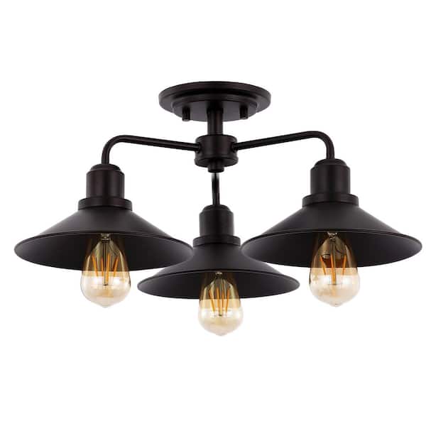 Calvin 18.5 in. 3-Light Iron Industrial Farmhouse LED Oil Rubbed Bronze Semi-Flush Mount Ceiling Light
