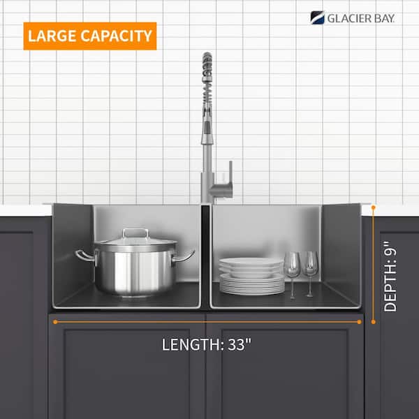 33 in. Drop-in Mount Double Bowl 18 Gauge Gunmetal Black Stainless Steel Kitchen Sink with Black Spring Neck Faucet