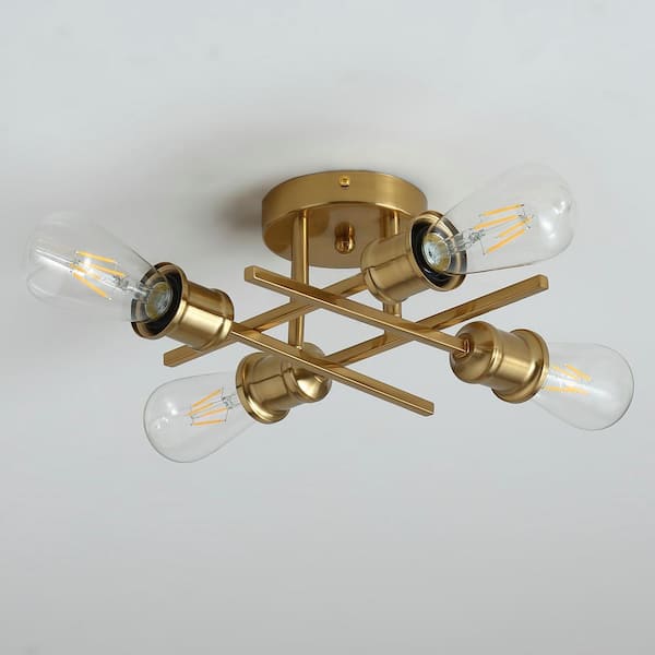 Modern 11 in. 4-Light Gold Sputnik Linear Farmhouse Semi-Flush Mount Ceiling Lighting Fixture