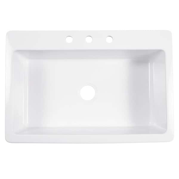 Jackson 33 in. 3-Hole Drop-in Single Bowl Crisp White Fireclay Kitchen Sink