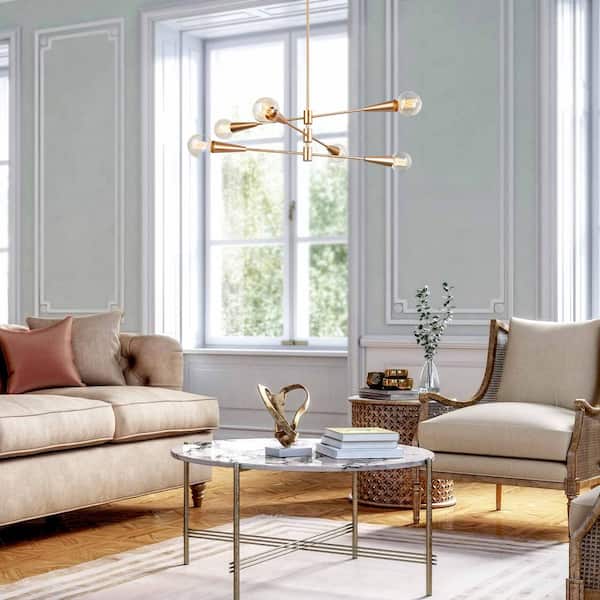 Transitional Dining Room Chandelier 31 in. Modern Sputnik Chandelier 6-Light Brass Gold Tiered Kitchen Island Chandelier