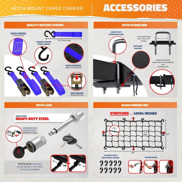 500 lbs. Capacity Hitch Mount Cargo Carrier Set with Folding Shank and 2 in. Raise, Cargo Bag, Net, Straps, Locks - Blue