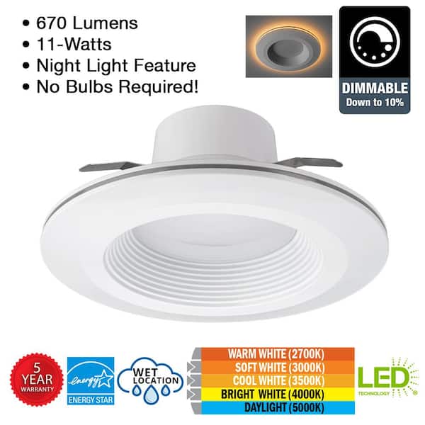 6 in. Adjustable CCT Integrated LED Recessed Light Trim w/ Night Light 670 Lumens Retrofit Kitchen Lighting Dimmable