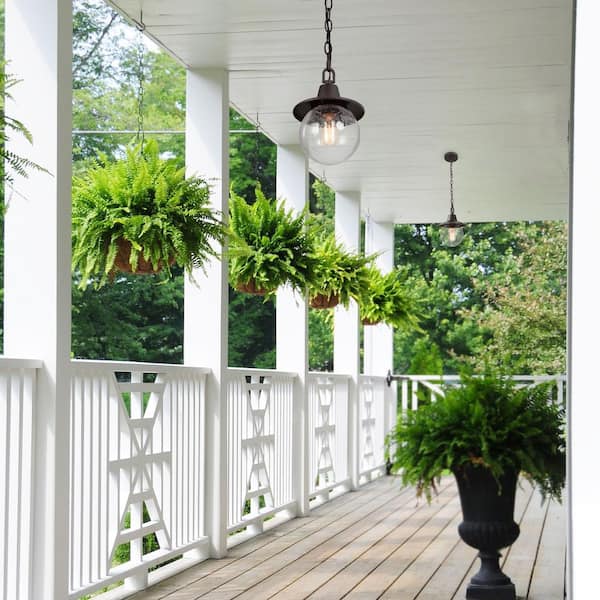 Modern Rusty Black Outdoor Pendant 1-Light Hanging Lantern with Clear Seeded Glass Globe for Covered Porch Patio Pergola