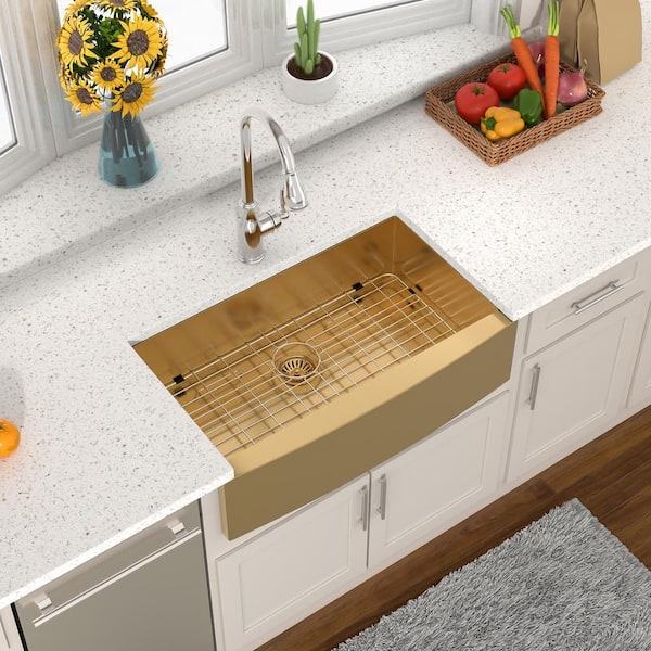 36 in. Farmhouse/Apron-Front Single Bowl 16-Gauge Gold Stainless Steel Deep Kitchen Sink with Bottom Grids