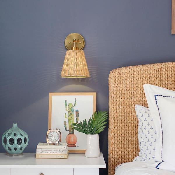 Adella 1-Light Brass Boho Natural Rattan Hardwired Wall Sconce with Adjustable Swivel Swing Arm