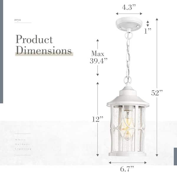 12 In.1-Light White Outdoor Aluminum Exterior Pendant Light Hanging Porch Light with Seeded Glass