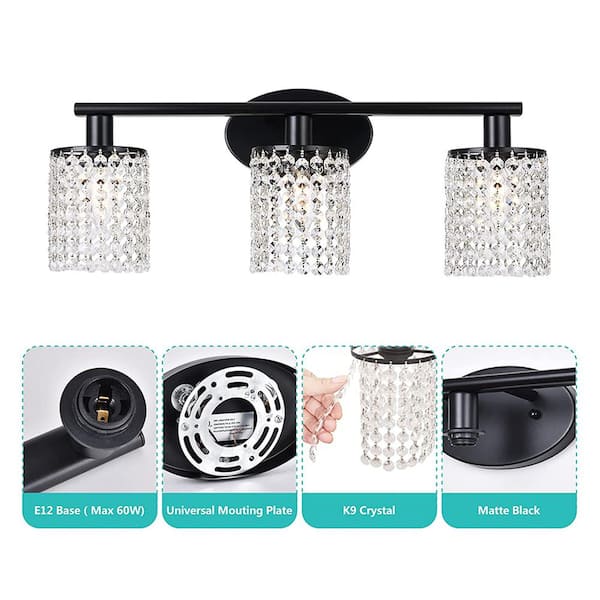 20.87 in. 3-Light Matte Black Vanity Wall Lamp with Crystal Shade