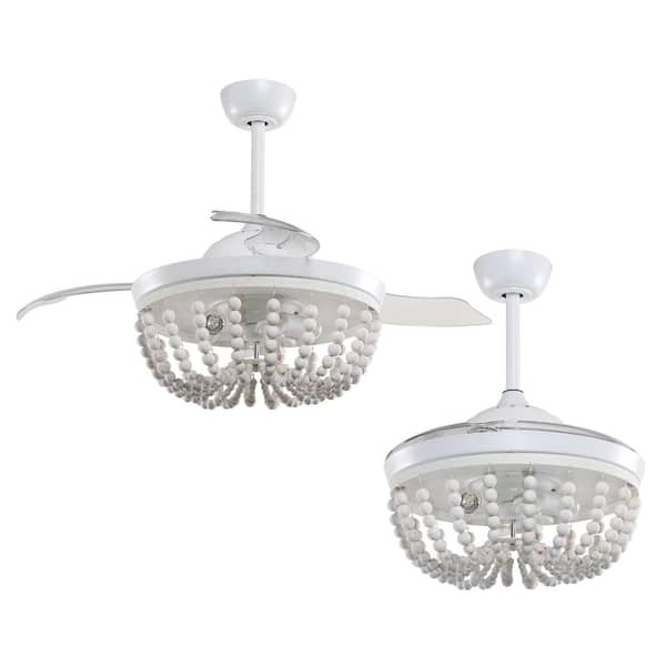 Huang 42 in. Wooden Beads Retractable 3-Blade White Ceiling Fan Chandelier with Remote Control and Light Kit