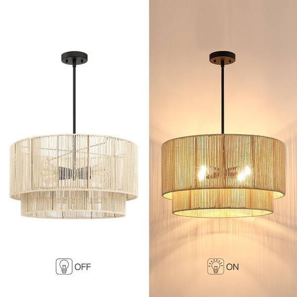 22 in. 4-Light Rattan Tiered Drum Pendant Chandelier Light with Black Canopy