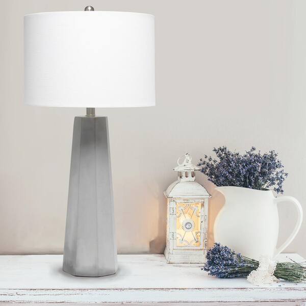 30.5 in. White Concrete Pillar Table Lamp with White Fabric Shade