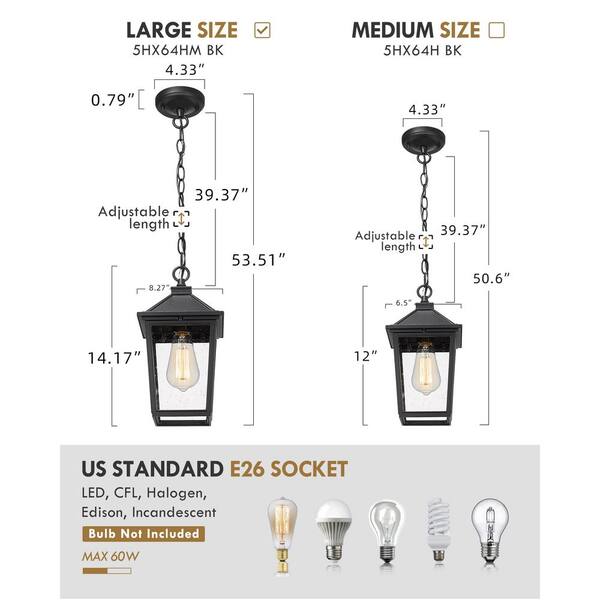 14.17 in. 1-Light Black Outdoor Pendant Light with Seeded Clear Glass Exterior Hanging Porch Light and No Bulbs Included