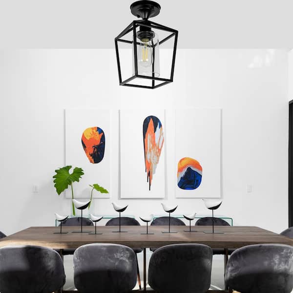 7 in. 1-Light Black Semi Flush Mount Ceiling Light,Farmhouse Retro Cage Kitchen Lighting Fixtures with Glass Shade