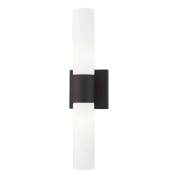 Aspen 2 Light Textured Black ADA Wall Sconce with Hand Blown Satin Opal White Twist Lock Glass
