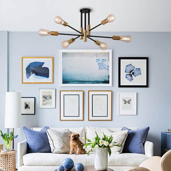 32.7 in. 6-Light Black Unique Modern Sputnik Semi-Flush Mount with Aged Brass Socket Cups