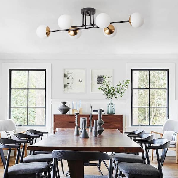 35.4 in. 6-Light Black Modern Sputnik Semi-Flush Mount Ceiling Light Fixture with Glass Shades