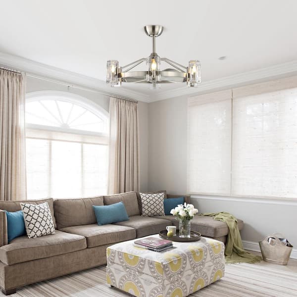 34 in. Bucholz LED Indoor Satin Nickel Downrod Mount Ceiling Fan Chandelier with Light Kit and Remote Control