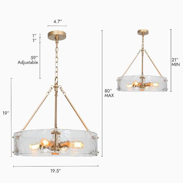 19.5 in. 4-Light Modern Gold Drum Chandelier, Water Glass Kitchen Island Pendant Light, Dining Room Round Chandelier