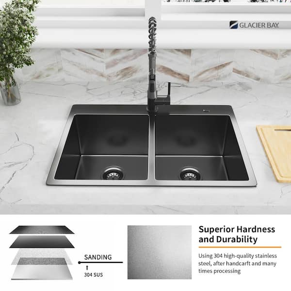 33 in. Drop-in Mount Double Bowl 18 Gauge Gunmetal Black Stainless Steel Kitchen Sink with Black Spring Neck Faucet