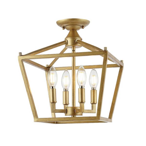 Plains Mini Lantern 12 in. 4-Light Brass Gold Iron Modern Farmhouse LED Flush Mount,