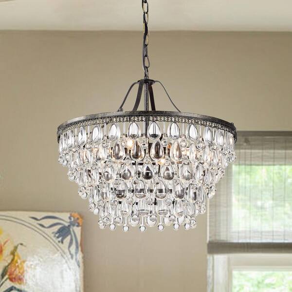 Clarus 6-Light Antique Bronze Glam Chandelier with Hanging Teardrop Crystals